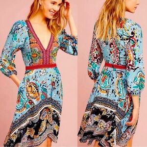 Light Blue Paisley V-Neck Midi Dress with Red Waist Detail